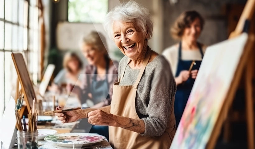 An older woman enjoying a painting workshop during retirement, representing a happy member as part of Commonwealth Superannuation Corporation Salesforce case study