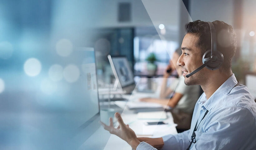 Customer service representative on a call, supporting service team with Agentforce during Christmas period